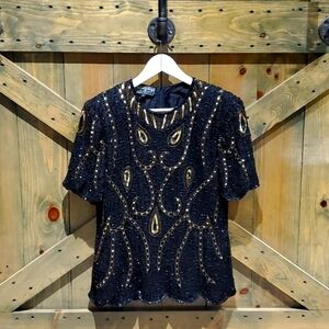 VINTAGE SEQUINS BLOUSE BLACK GOLD SIZE LARGE ROYAL FEELINGS Dressy Formal Event